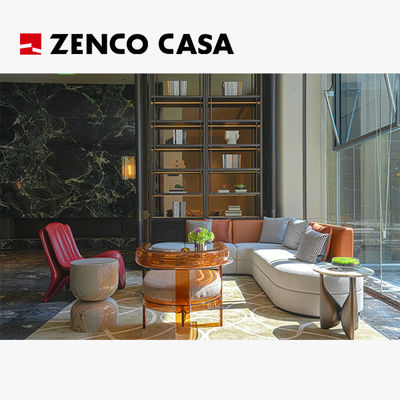 Đồ nội thất sảnh khách sạn bao gồm ghế sofa hình chữ L và ghế đơn hình kính thép đỏ