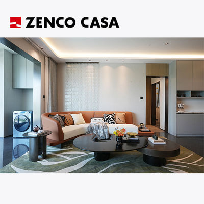 Bộ đồ nội thất phòng khách căn hộ bao gồm ghế sofa cong và bàn cà phê